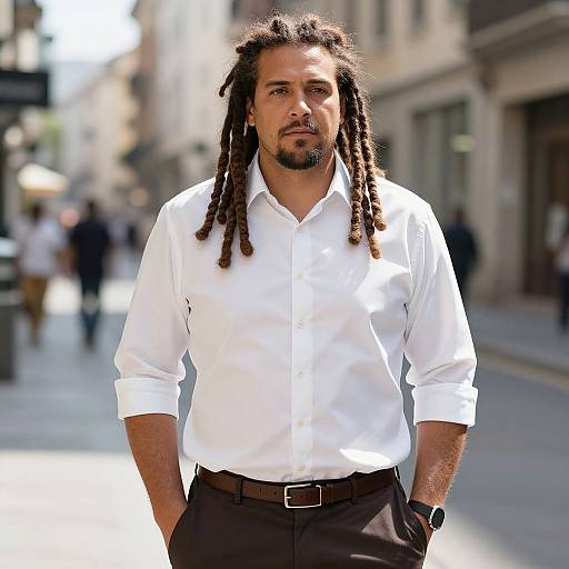 Confident Man with Dreadlocks in White Shirt Standing on City Street