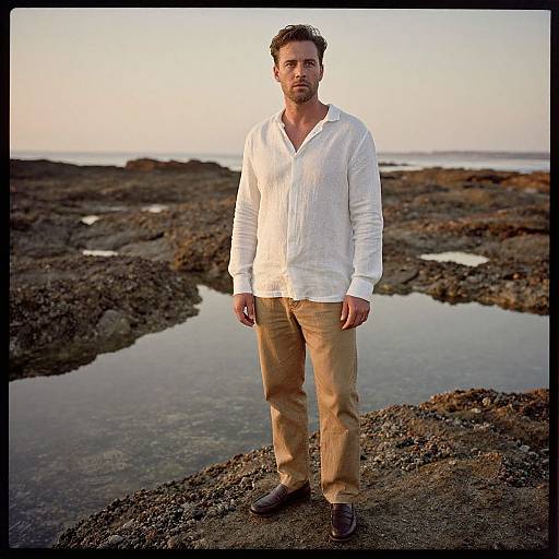 Man in White Linen Shirt and Tan Trousers on Rocky Coastal Landscape