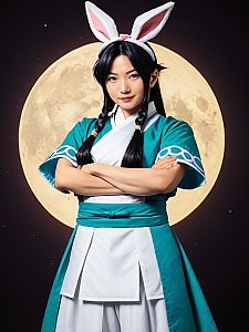 Realistic Miyamoto Usagi Cosplay Photo with Woman in Traditional Samurai Costume and Bunny Ears