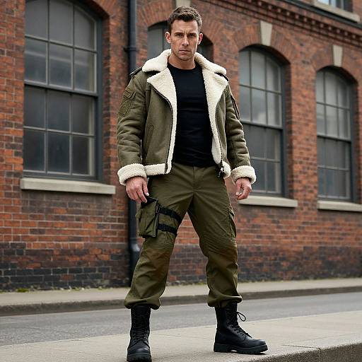 Man Wearing Olive Green Shearling Jacket and Cargo Pants on Urban Street