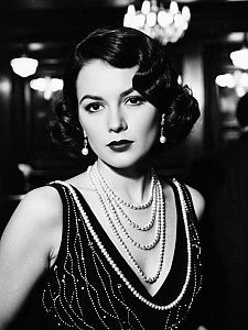 Vintage 1920s Speakeasy Woman with Pearl Necklaces Black and White Portrait
