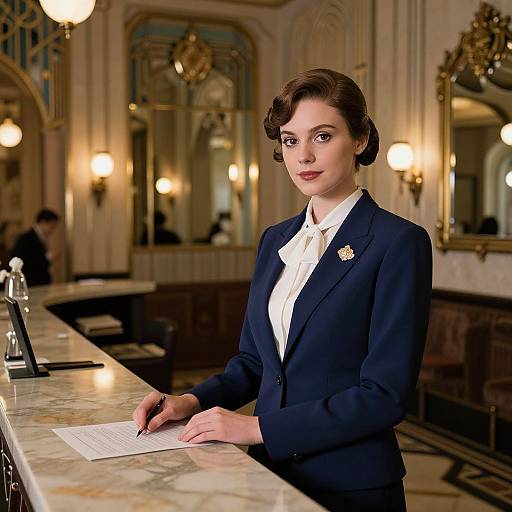 Professional Woman Signing Document at Elegant Marble Counter in Classic Interior
