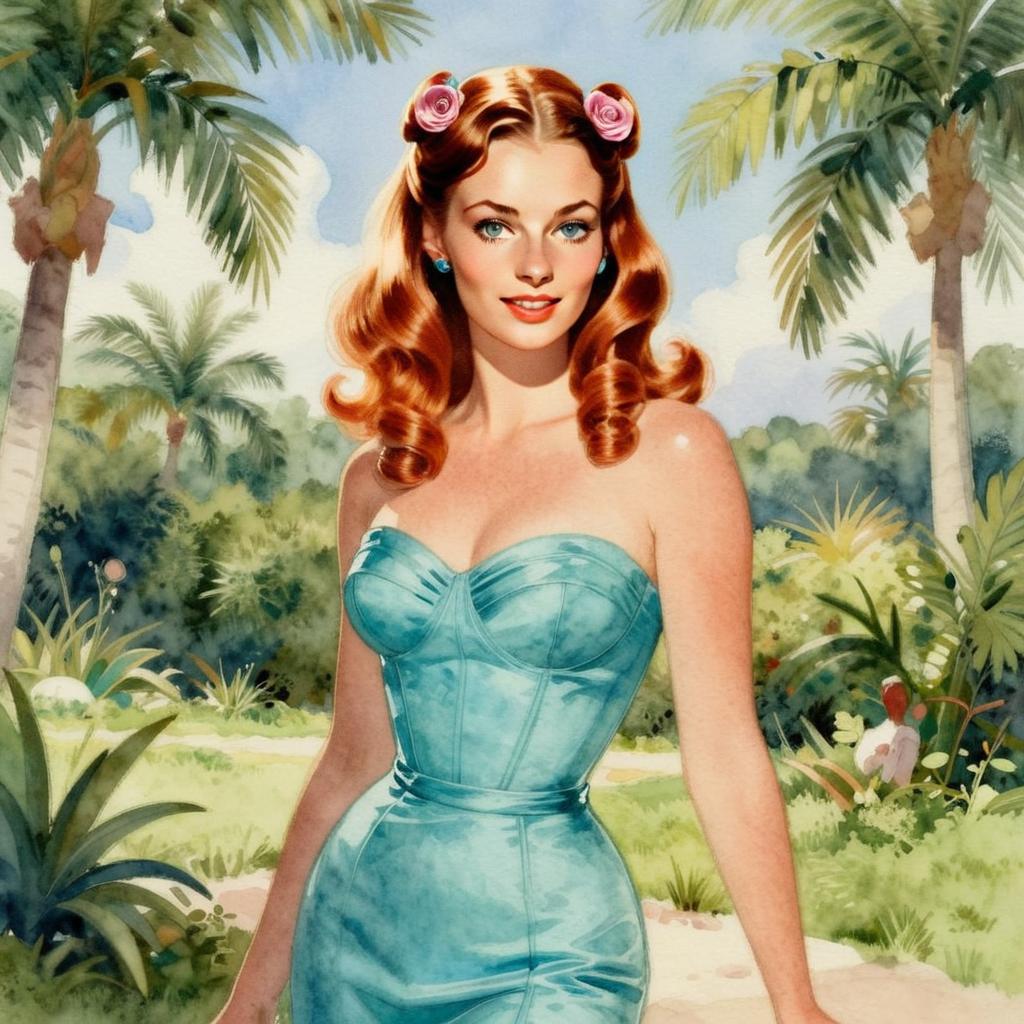 Vintage Pin-Up Woman in Blue Dress Amid Tropical Garden