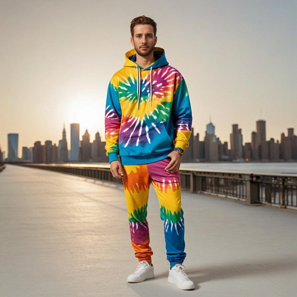 Man in Colorful Hoodie on Brooklyn Bridge at Sunset