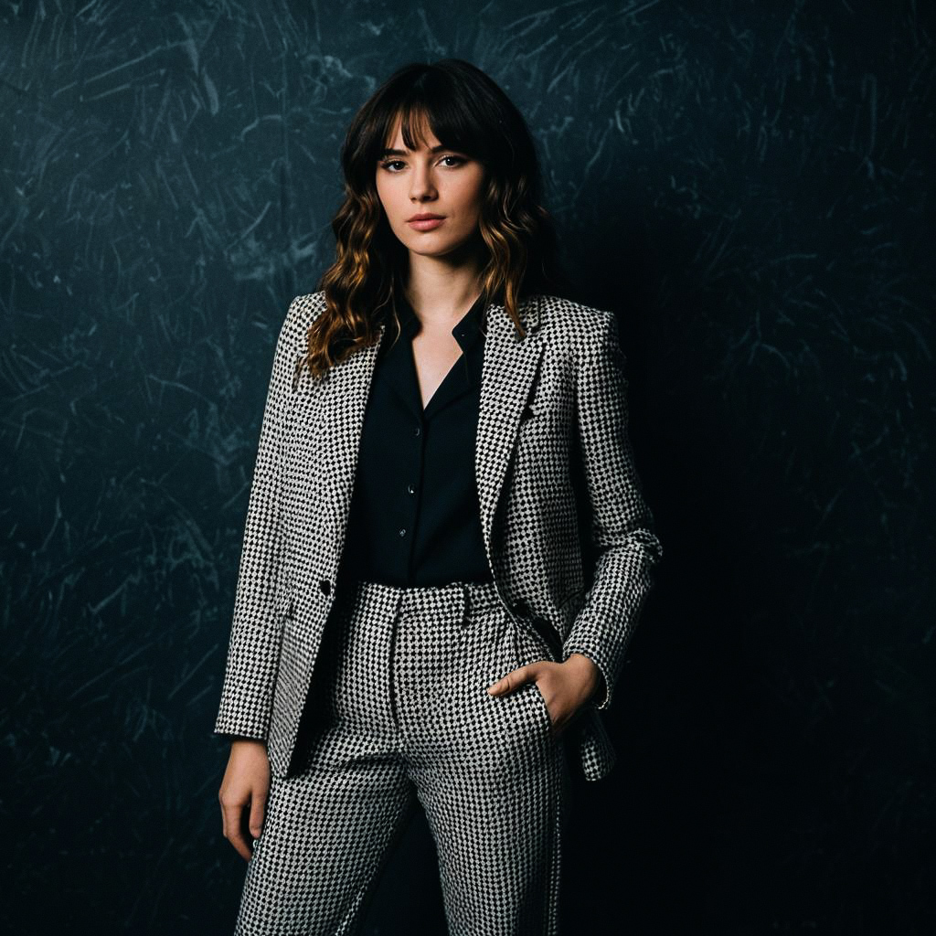 Confident Woman in Houndstooth Suit