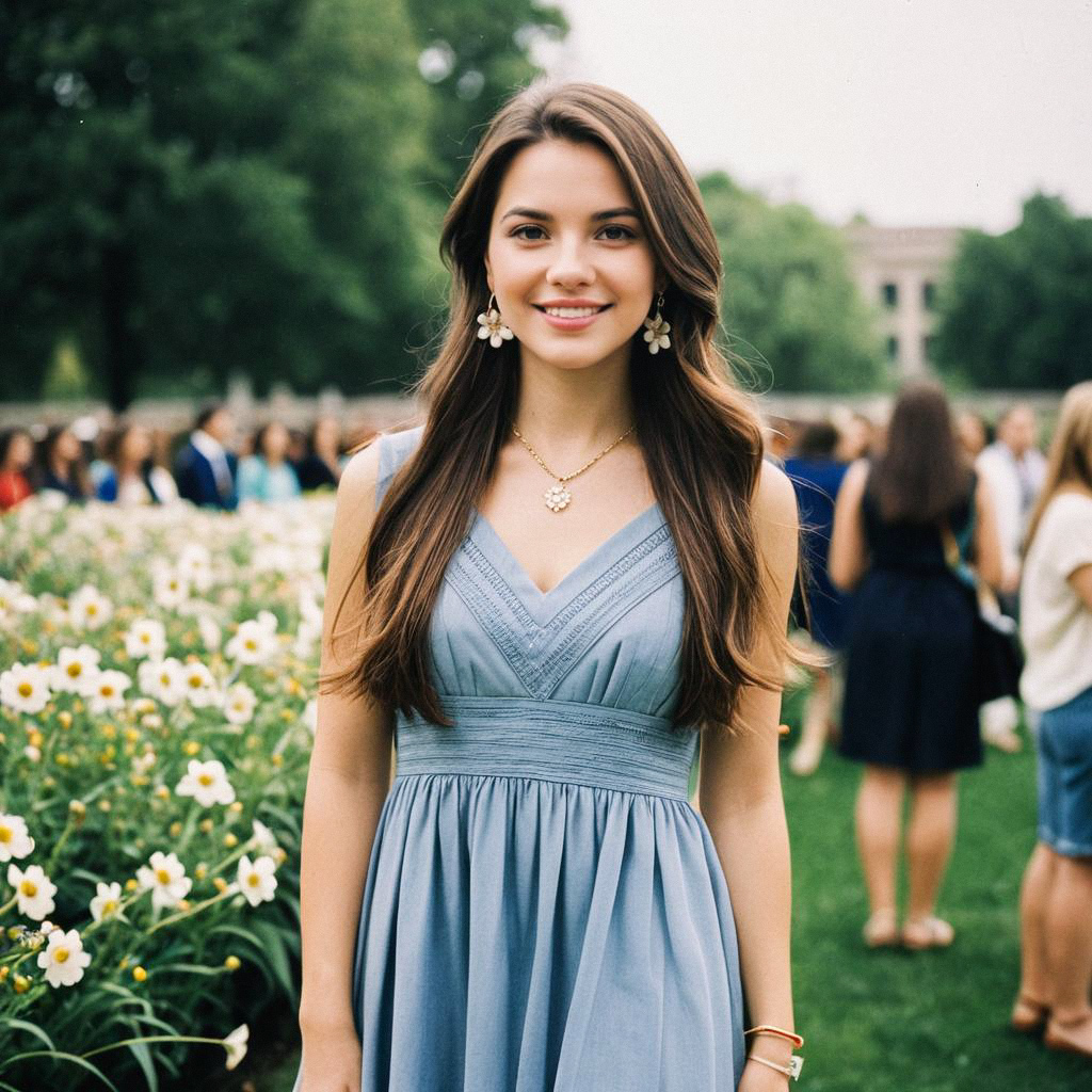 Young Woman in Light Blue Dress in Blooming Garden