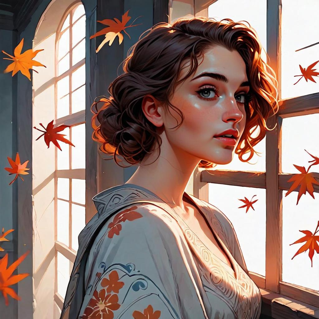 Digital Illustration of Woman by Autumn Window with Falling Leaves