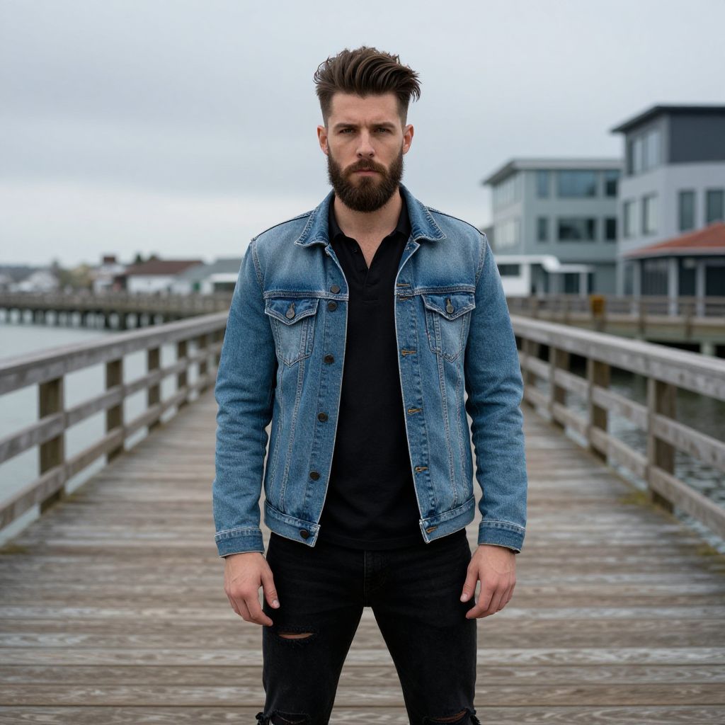 Stylish Bearded Man Wearing Denim Jacket on Urban Waterfront Pier