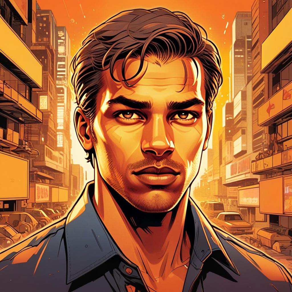 Modern Urban Man Portrait Digital Art with Orange Cityscape Background