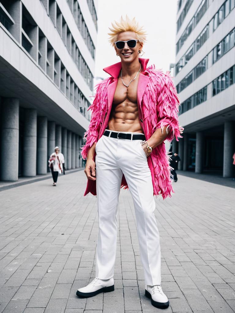 Fashionable Man in Pink Feathered Coat and White Pants Urban Style