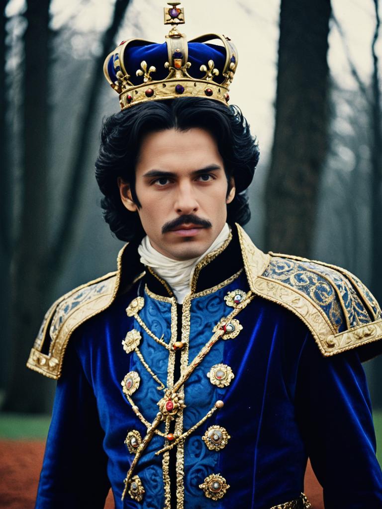 Man in Royal Fantasy Prince Costume with Crown Cinematic Realism