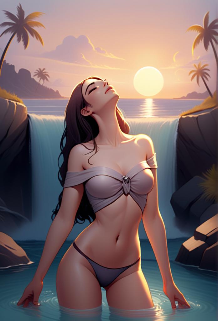 Digital Illustration of Woman in Waterfall Sunset Scene