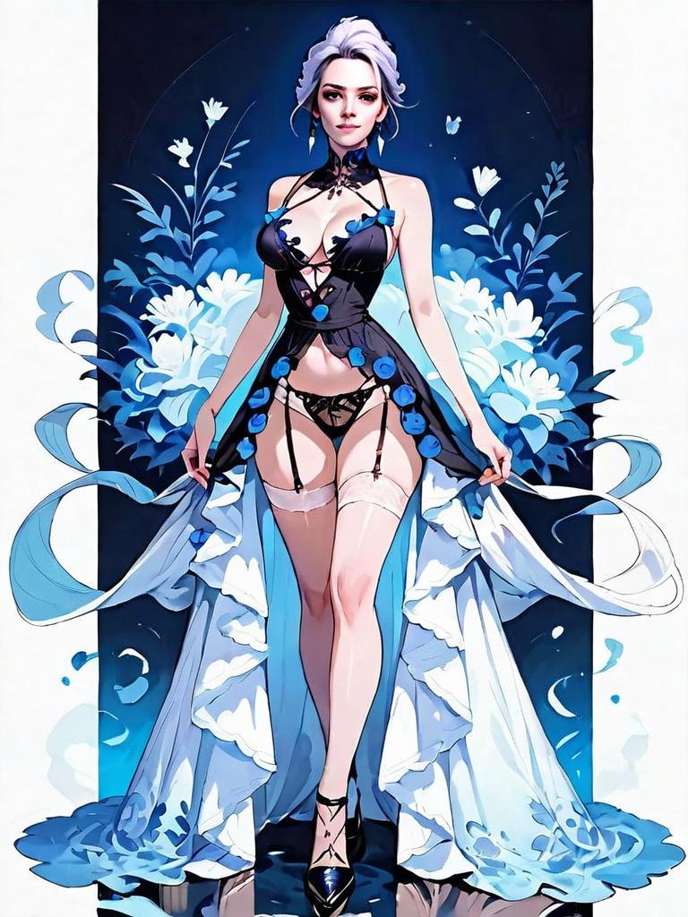 Dark Fantasy Woman in Elegant Black and Blue Floral Gown Digital Art