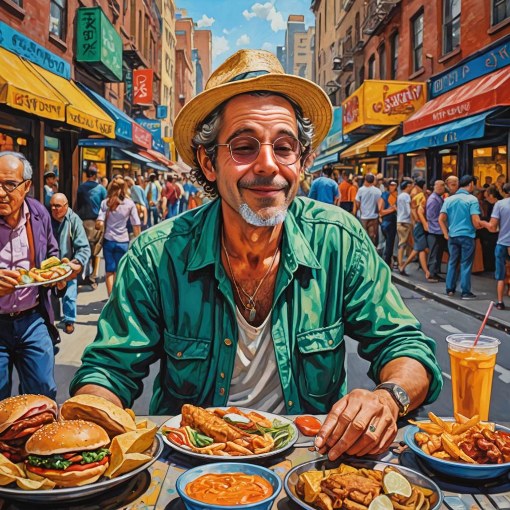 Cheerful man at outdoor cafe with burgers and fries