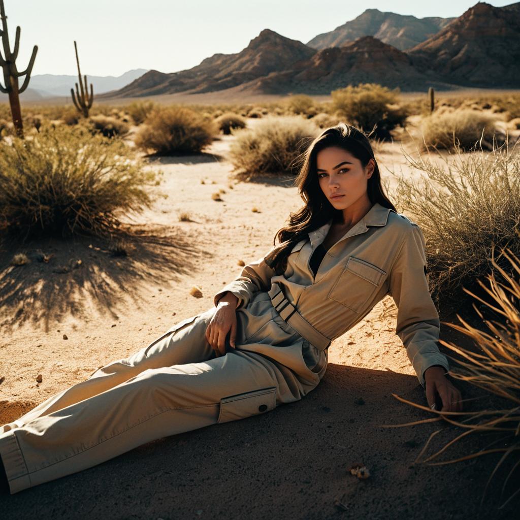 Confident Woman in Beige Jumpsuit in Desert Landscape