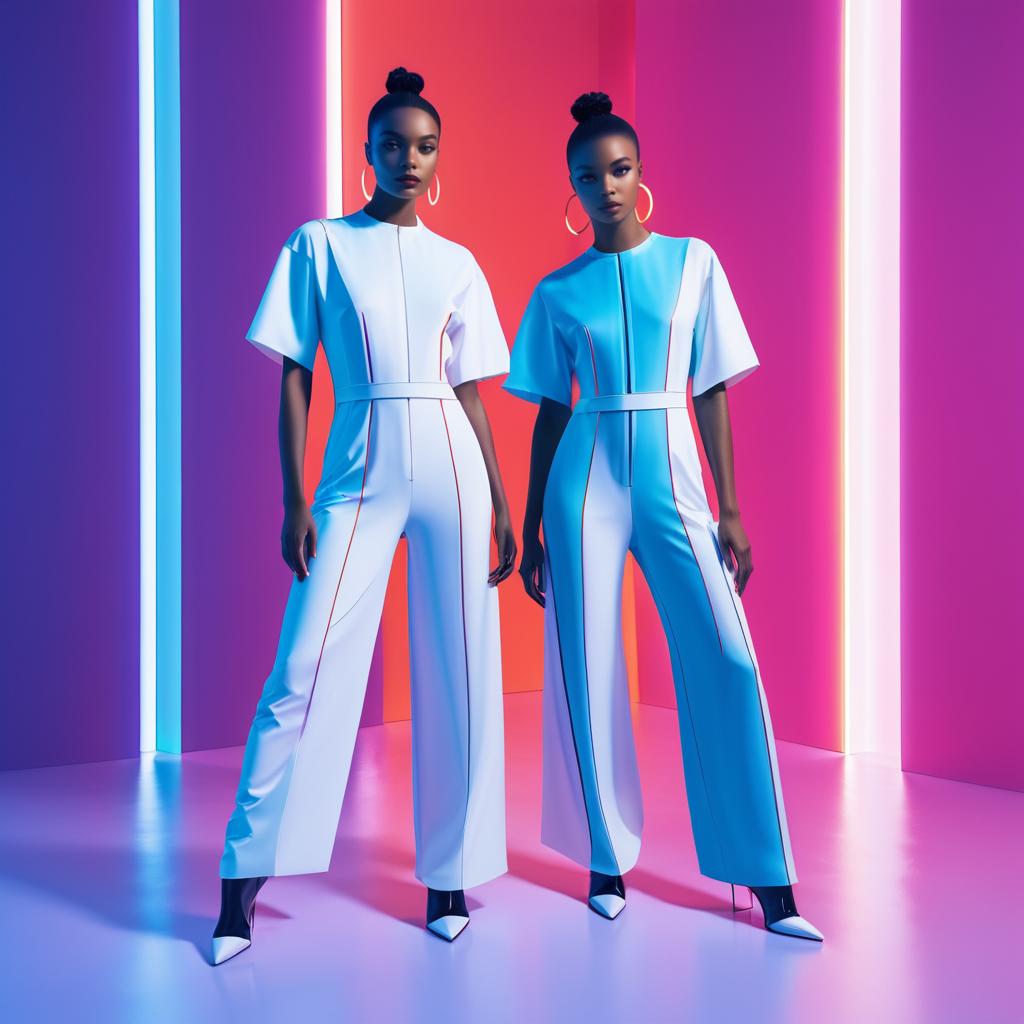 Stylish Women in White Jumpsuits with Neon Lights