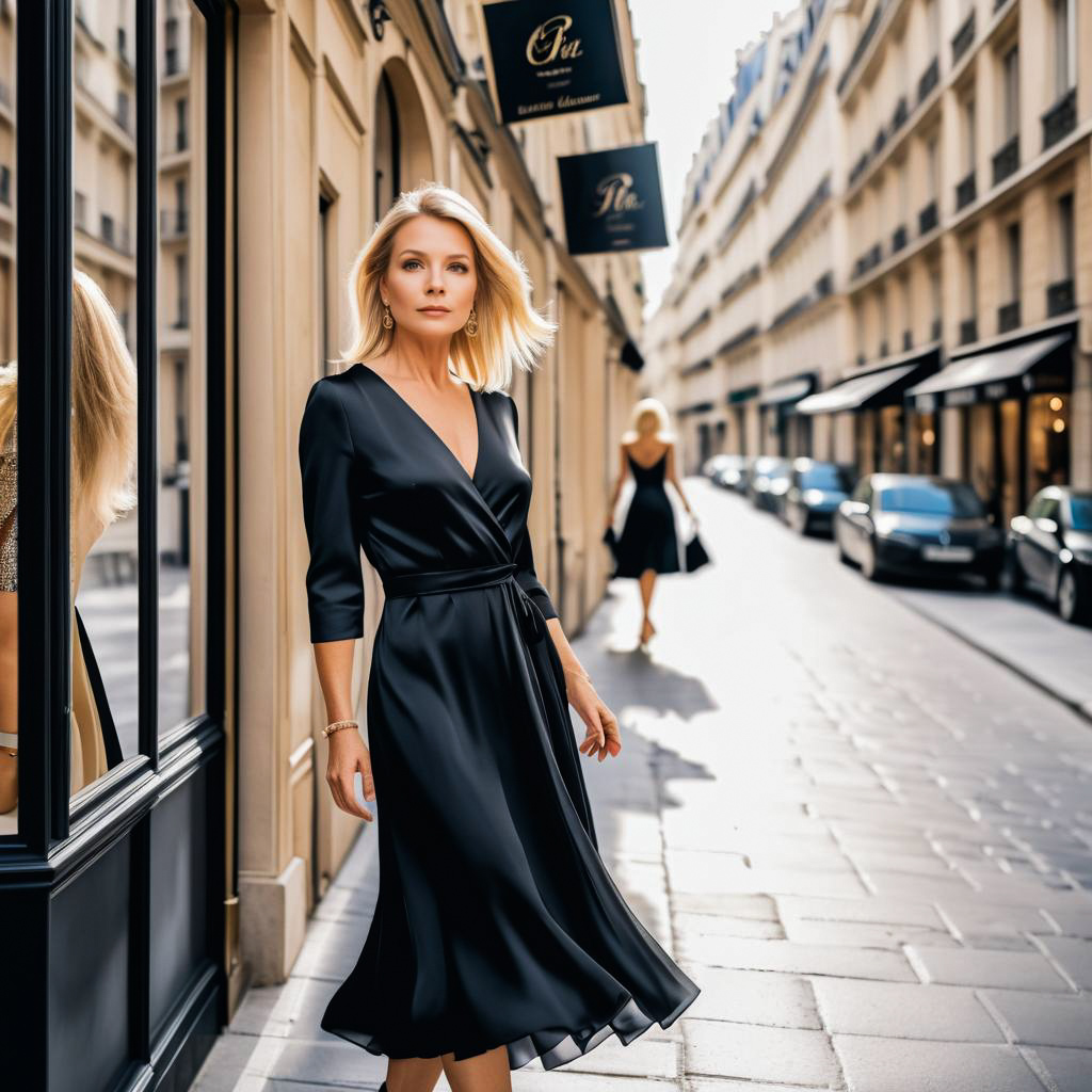 Elegant Woman in Black Dress on Parisian Street