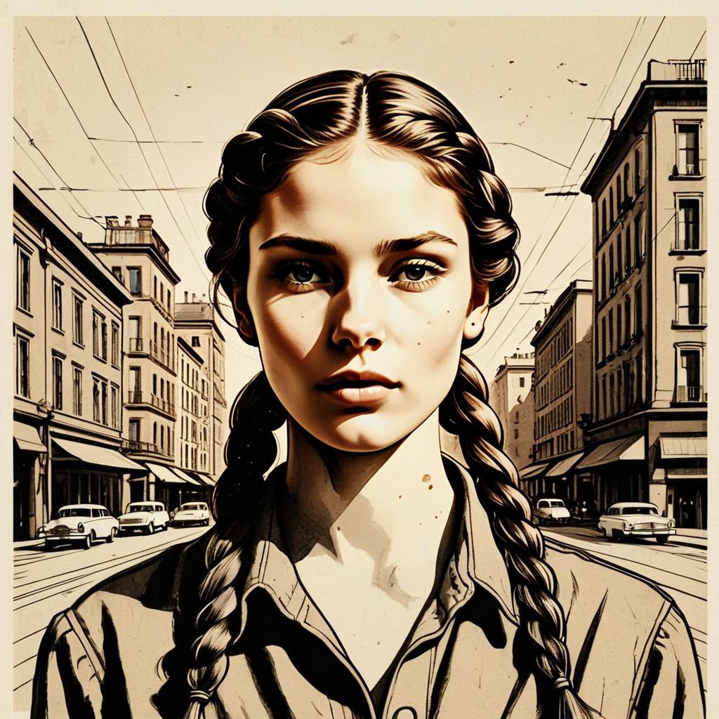 Vintage Urban Portrait of Woman with Braided Hair Digital Illustration