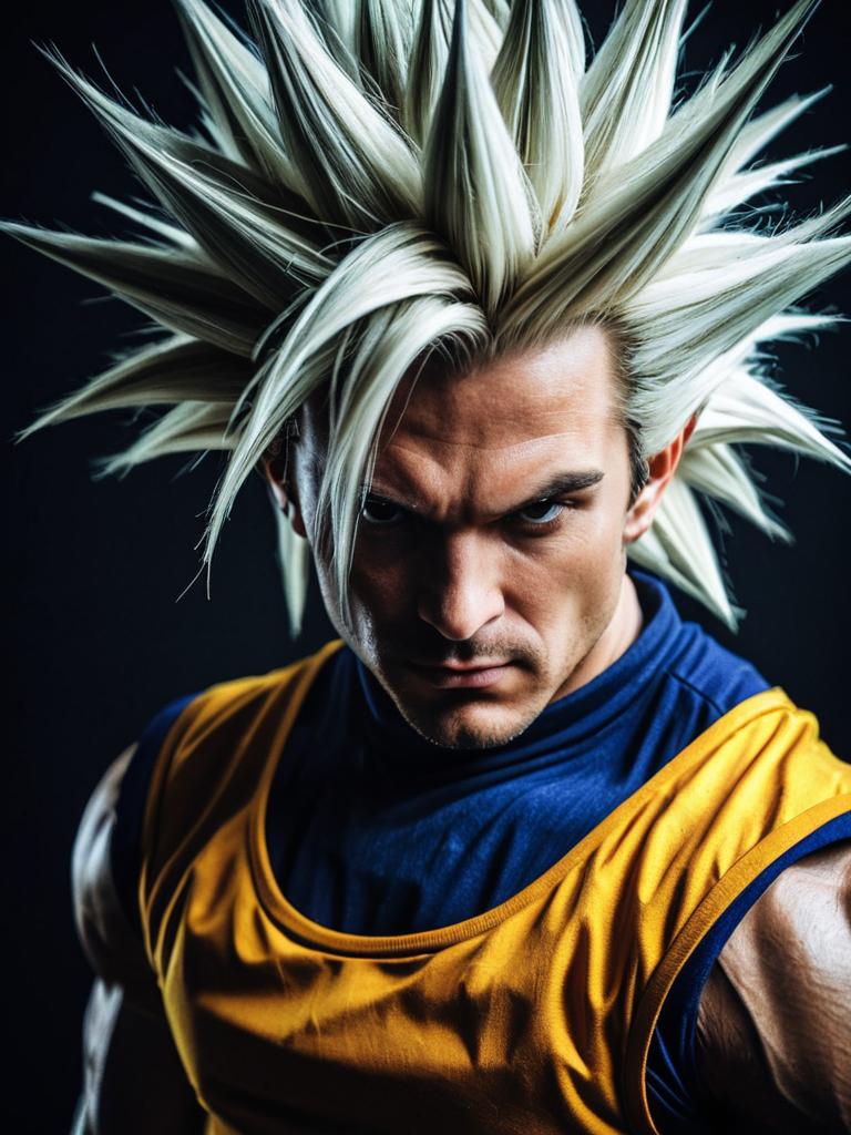 Man in Super Saiyan Costume Close-Up with Detailed Spiky Hair Man in Super Saiyan Costume Close-Up with Detailed Spiky Hair