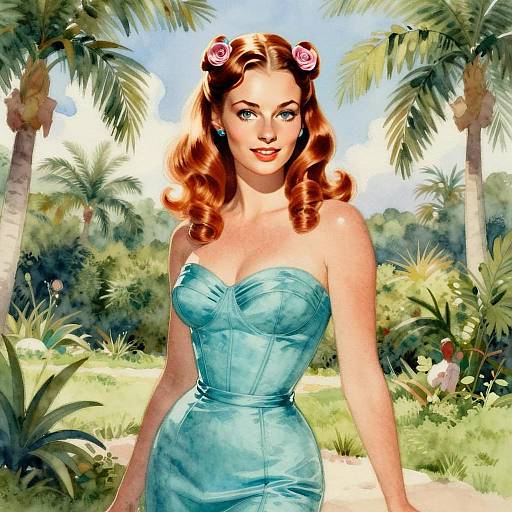 Vintage Pin-Up Woman in Blue Dress Amid Tropical Garden