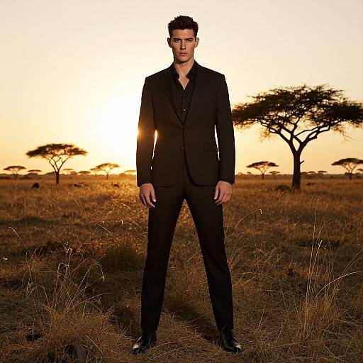 Man in Black Suit Standing in Savanna at Sunset