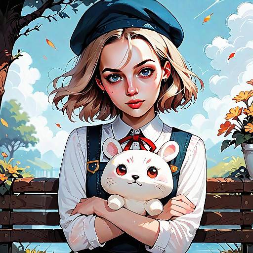 Young Woman Holding Plush Mouse on Park Bench Digital Anime Illustration