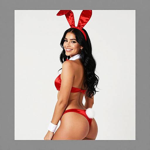 Woman in Red Shiny Bunny Costume with Fluffy Tail and Ears