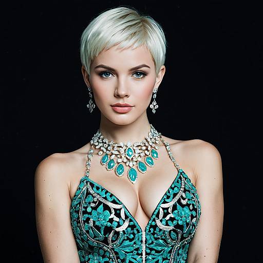 Elegant Woman with Platinum Blonde Hair in Turquoise Embroidered Dress and Gemstone Jewelry