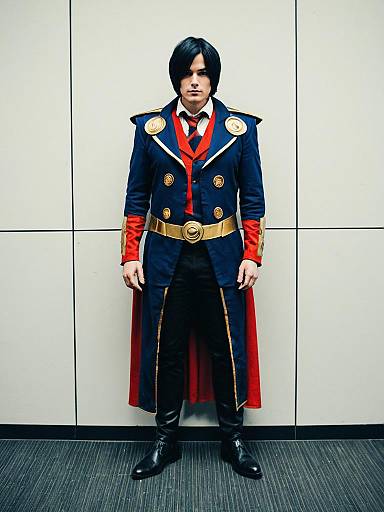 Man in Fantasy Military Costume with Red and Navy Blue Coat
