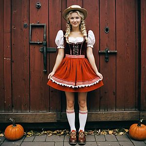 Young woman in traditional red costume by rustic door with pumpkins