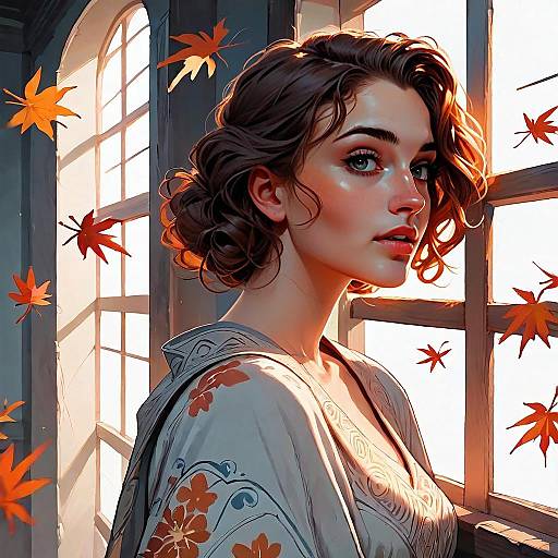 Digital Illustration of Woman by Autumn Window with Falling Leaves