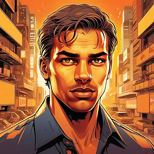Modern Urban Man Portrait Digital Art with Orange Cityscape Background