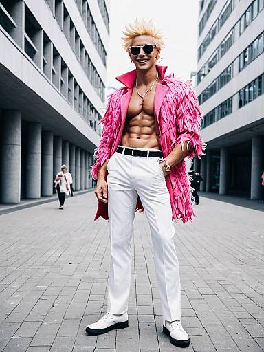Fashionable Man in Pink Feathered Coat and White Pants Urban Style