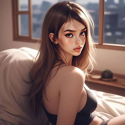 Realistic Digital Portrait of a Young Woman in Sunlit Bedroom