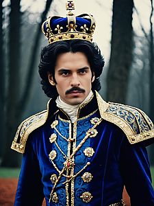 Man in Royal Fantasy Prince Costume with Crown Cinematic Realism