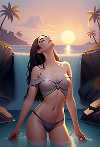 Digital Illustration of Woman in Waterfall Sunset Scene