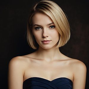 Elegant Blonde Woman in Strapless Dark Blue Dress Portrait