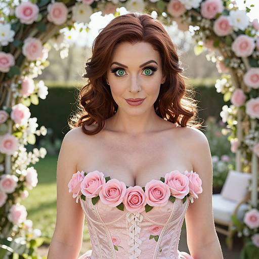 Red Haired Woman in Pink Rose Corset Outdoors Garden Floral Arch