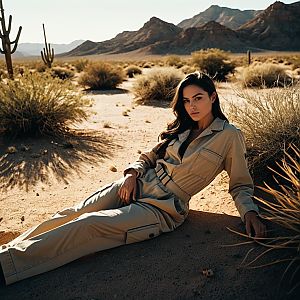 Confident Woman in Beige Jumpsuit in Desert Landscape