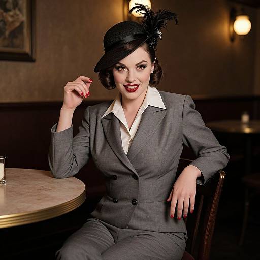 Vintage 1940s Woman in Grey Suit and Feathered Hat in Cozy Cafe