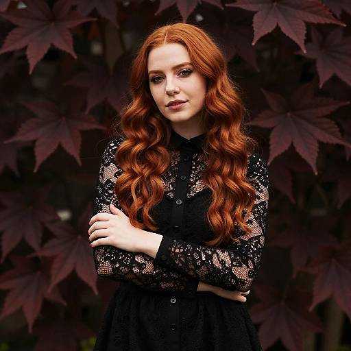 Confident Woman with Long Red Hair in Black Lace Dress against Dark Red Leaves