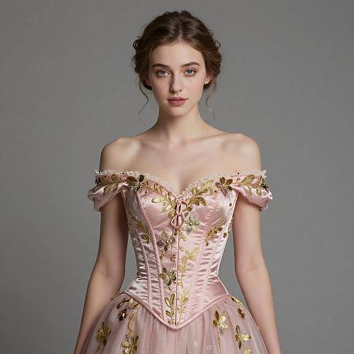 Elegant Woman in Pink Embroidered Corset Gown