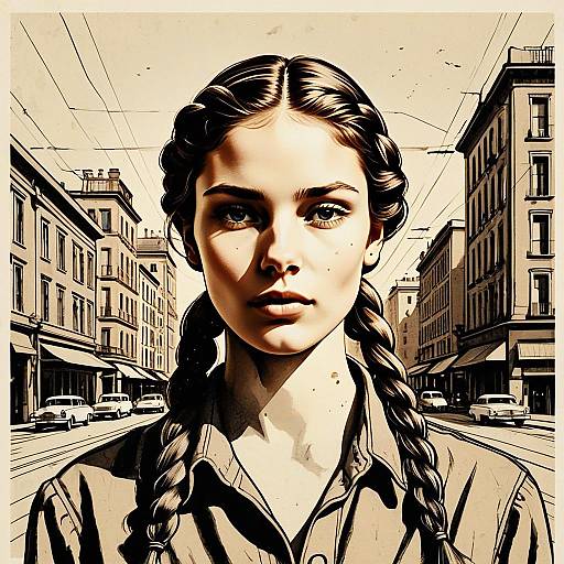 Vintage Urban Portrait of Woman with Braided Hair Digital Illustration