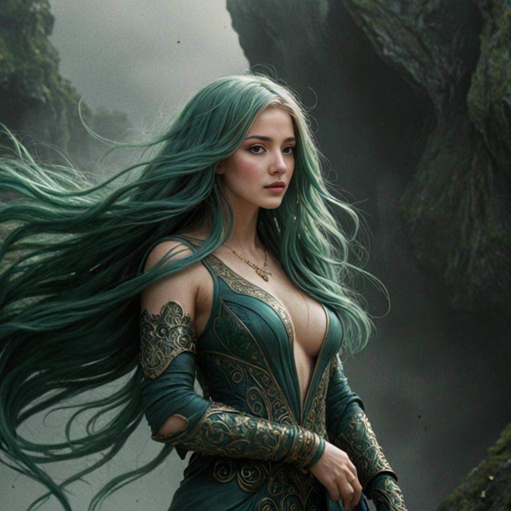 Woman with Green Hair in a Mystical Environment