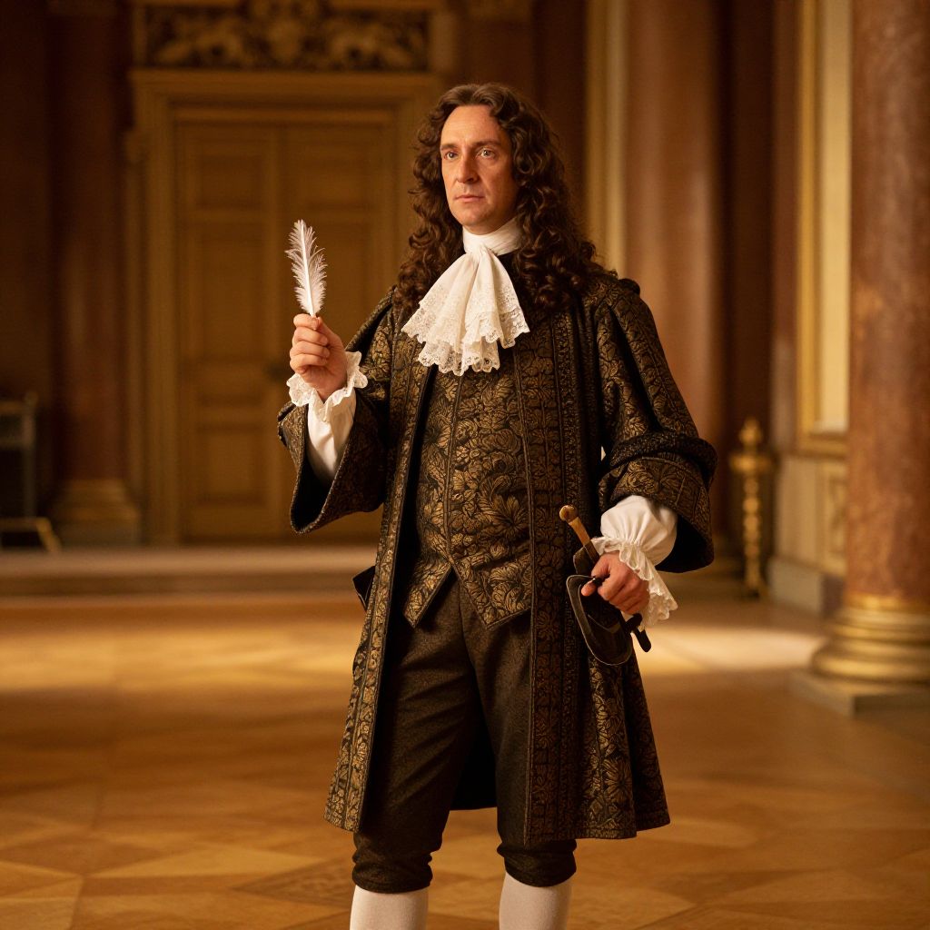 17th Century Aristocratic Man in Baroque Costume Holding Quill and Sword
