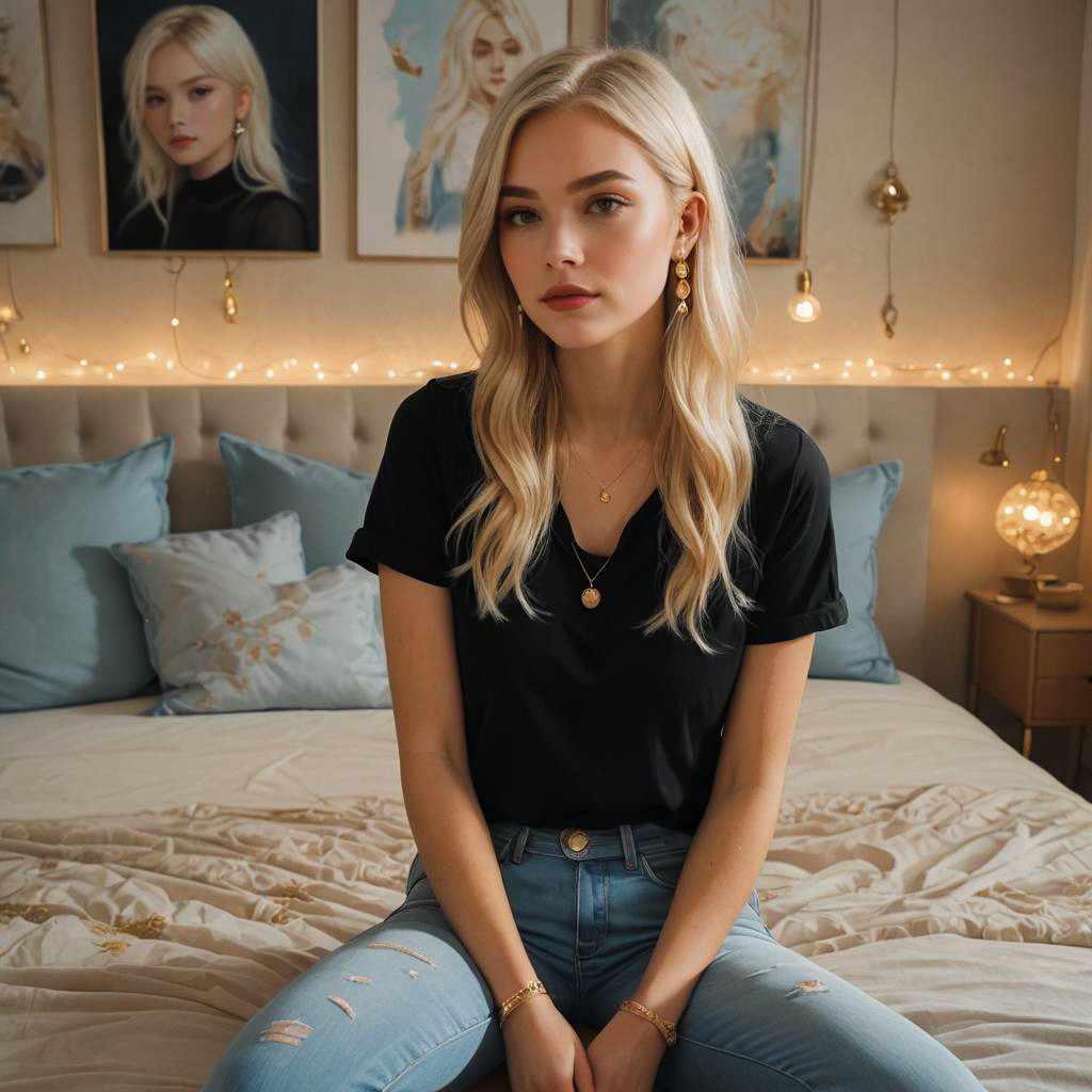 Young Woman in Cozy Bedroom with Fairy Lights Young Woman in Cozy Bedroom with Fairy Lights