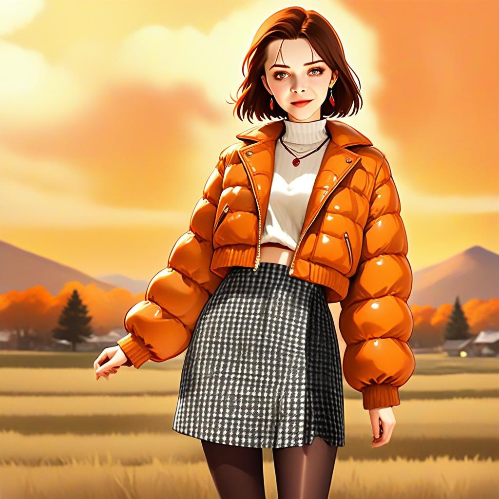 Stylish woman in orange puffer jacket at sunset