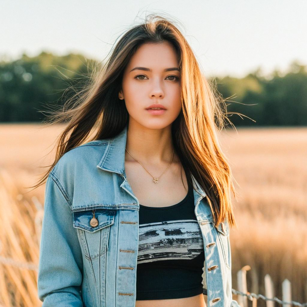 Young Woman in Denim Jacket in Sunlit Field