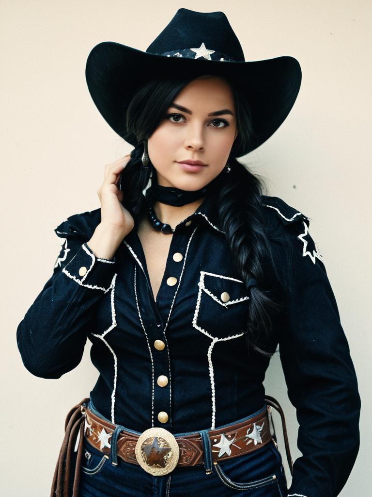 Woman in Black Cowgirl Costume with Star Accents and Western Belt