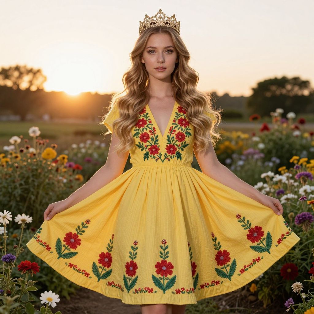 Young Woman in Yellow Floral Dress with Crown in Flower Field at Sunset